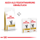 Royal Canin Veterinary Urinary S/O Trockenfutterbeutel mit zwei Beuteln Nassfutter, mit einem Katzenbild und dem Text "Auch als Feuchtnahrung erhältlich."