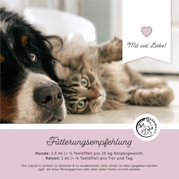 Bild von einem Hund mit einem flauschigen Schwanz, begleitet von einem Text, der die Vorteile von Magnesium, Passionsblume und Moringa zur Stresslinderung bei Haustieren beschreibt.