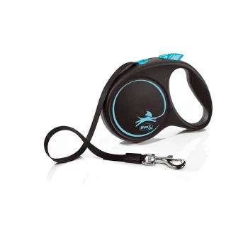 Une laisse de chien rétractable noire avec un accent turquoise, dotée d'une prise confortable et d'un clip en métal à l'extrémité de la laisse.
