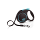 A black retractable dog leash with a turquoise accent, featuring a comfortable grip and a metal clip at the end of the leash.