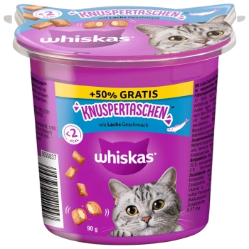Whiskas Katzenleckerlis-Behälter, lila mit dem Gesicht einer Katze, mit den Aufschriften "Knuspertaschen mit Lachs Geschmack" und "+50% GRATIS".