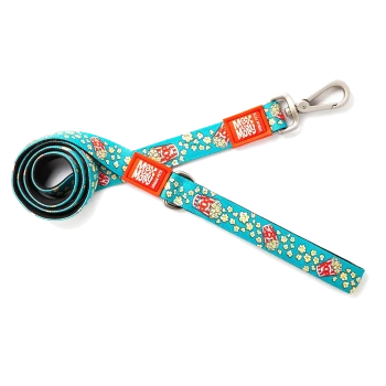 Blaues Hundeleinen mit Popcorn-Eimer-Muster und orangefarbenen "Max & Molly Urban Pets"-Etiketten, Metallclip auf weißem Hintergrund.