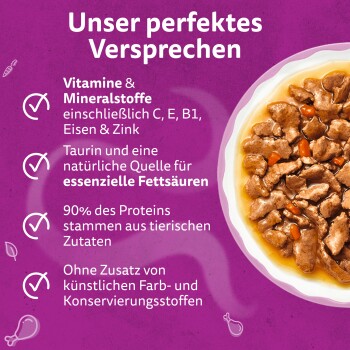 Nassfutterschüssel auf violettem Hintergrund mit deutscher Überschrift 'Unser perfektes Versprechen' und Angaben zu Inhaltsstoffen