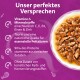 Nassfutterschüssel auf violettem Hintergrund mit deutscher Überschrift 'Unser perfektes Versprechen' und Angaben zu Inhaltsstoffen