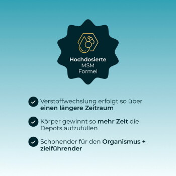 Abzeichen ‚Hochdosierte MSM Formel‘; drei Aufzählungspunkte: längere Freisetzung, längere Auffüllzeit, schonender für den Organismus.