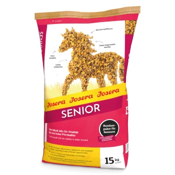 Josera Senior Pferdefutterbeutel (15 kg) mit Müsli-Pferdegrafik und Text: "Vital-Komplex," "Leicht verdaulich," "Gut zum Auffüttern."