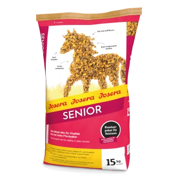 Josera Senior Pferdefutterbeutel (15 kg) mit Müsli-Pferdegrafik und Text: "Vital-Komplex," "Leicht verdaulich," "Gut zum Auffüttern."