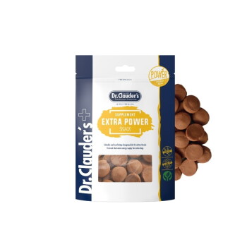 Dr. Clauder's Extra Power Snack Ergänzungsfutter für Hunde, hochwertige Energieleckerlis in wiederverschließbarer Tüte.