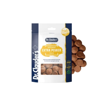 Dr. Clauder's Extra Power Snack Ergänzungsfutter für Hunde, hochwertige Energieleckerlis in wiederverschließbarer Tüte.