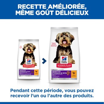 Sacs de nourriture pour chiens Hill's Science Plan Sensitive Stomach & Skin avec une petite image de chien et un texte en français sur la disponibilité du produit.