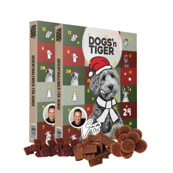 Adventskalender für Hunde von DOGS'n TIGER, mit 24 nummerierten Türen, festlichen Grafiken und einer Schüssel mit Hundeleckerlis.