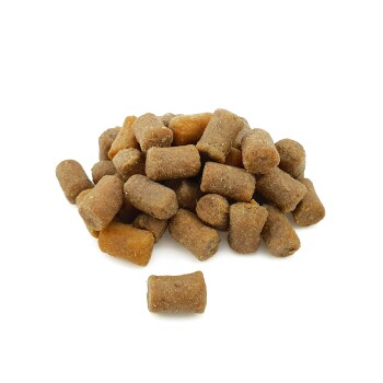 Une pile de petites granulés de nourriture pour animaux cylindriques de différentes nuances de brun et d'orange, sur un fond blanc.