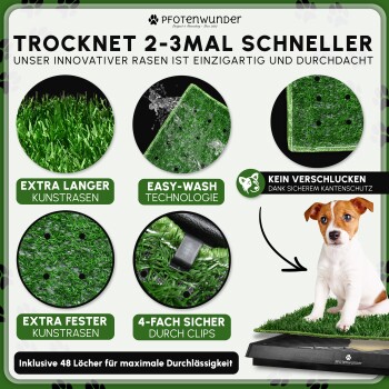 Anzeige für Kunstrasen mit "Extra langer Kunstrasen", "Easy-Wash" und "4-fach sicher durch Clips." Trocknet 2-3x schneller mit 48 Entwässerungslöchern.