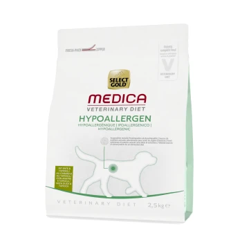 Select Gold Medica Veterinärdiät Hypoallergen Hundefutterverpackung, mit einem weißen Beutel mit grünen Akzenten, Größe 2,5 kg.