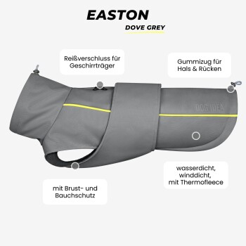 Hundemantel in Taubengrau, mit Reißverschlüssen für das Geschirr, elastisch für Hals und Rücken sowie Brust- und Bauchschutz.