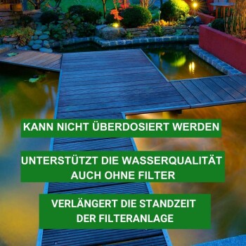Ein friedlicher Gartenweiher mit einem Holzsteg, der deutschen Text über Wasserqualität und Filterhaltbarkeit anzeigt.