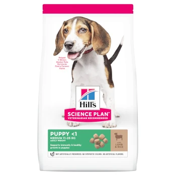 Hill's Science Plan Welpenfuttertüte, mit einem Beagle, beschriftet für mittelgroße Welpen (11-25 kg), mit Lamm und Reis, unterstützt Immunität und Wachstum.