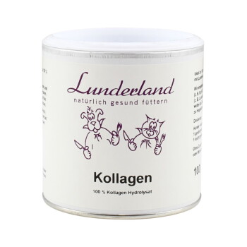 Weiße Lunderland-Ergänzungsfuttermittel-Dose mit der Aufschrift 'Kollagen' und einem cartoonhaften Hund und einer Katze; außerdem '100 % Kollagenhydrolysat'.