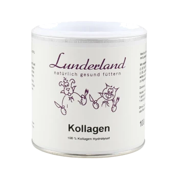 Weiße Lunderland-Ergänzungsfuttermittel-Dose mit der Aufschrift 'Kollagen' und einem cartoonhaften Hund und einer Katze; außerdem '100 % Kollagenhydrolysat'.