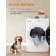 Beagle sitzt neben Frontlader-Waschmaschine, mit grauen Hundematten darin und darauf; sichtbare deutsche Überschrift 'Hygiene ohne Mühe'