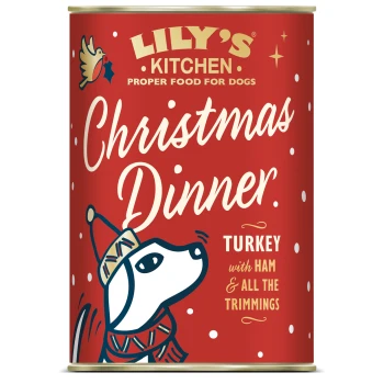 Can of Lily's Kitchen Christmas Dinner dog food, turkey with ham and trimmings, red label with dog wearing winter hat and scarf.
