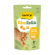 GimCat KäseRollis Katzenleckerlis im Beutel mit orangefarbener getigerter Katze und runden Käse-Leckerlis; Aufschrift 'mit echtem Hartkäse' und 'nur ca. 2 kcal/Stück'.