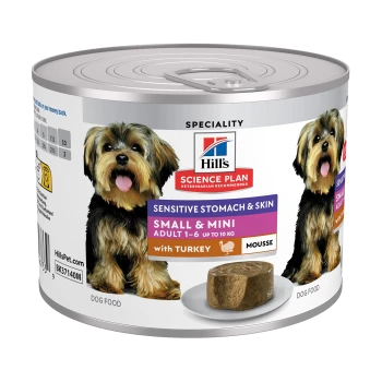Hill's Science Plan dog food can for small and mini adults, sensitive stomach & skin, with turkey mousse.