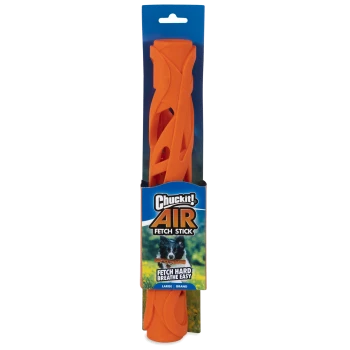 Pomarańczowy Chuckit! Air Fetch Stick dla psów, duży rozmiar, z opakowaniem przedstawiającym psa i tekstem „Fetch Hard Breathe Easy.”