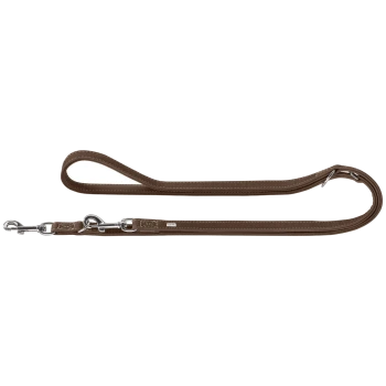 Braune Leder-Hundeleine mit silbernen Metallclips, die ein glattes Design und robuste Nähte aufweist.