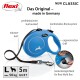 Blauer, einziehbarer Hundeleine mit der Aufschrift "flexi" und ergonomischem Griff, mit einem 5m Gurt für Hunde bis zu 50kg, hergestellt in Deutschland.