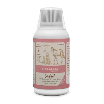 Flasche mit montanus' Natur-Lachsöl für Hunde, Katzen und Pferde, mit einem rosa Etikett, das Illustrationen und Nährwertangaben zeigt.