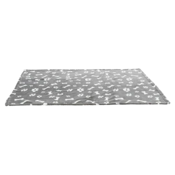 Graue Tierdecke mit weißen Knochen- und Pfotenabdruckmustern, weiche Textur, ideal für den Komfort von Haustieren.