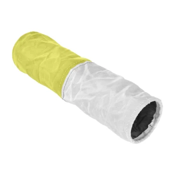 A collapsible pet tunnel in yellow and white fabric, designed for playful pets to explore and hide in.