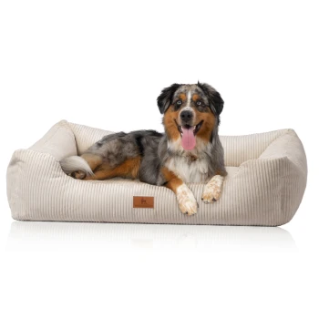 Hundebett aus Cord mit Handwebcharakter Olivia beige XL Ein glücklicher Australian Shepherd Hund liegt auf einem plüschigen, beigen Hundebett mit strukturiertem Stoff und einem kleinen Logosticker.