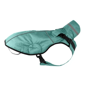 Eine türkisfarbene Hundeschwimmweste mit reflektierenden Streifen, verstellbaren Riemen und einem gepolsterten Design für Sicherheit und Komfort.