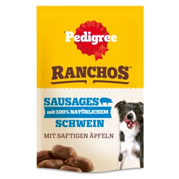 Pedigree RANCHOS Hundesnack-Tüte mit der Aufschrift 'SAUSAGES mit 100% NATÜRLICHEM SCHWEIN', mit Wurstabbildung und lächelndem Hund.
