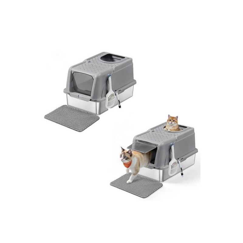FEANDREA 2er Edelstahl Katzentoilette XL mit Deckel 2 Eingängen grau