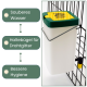 Vogelkäfig-Wasserbehälter mit grünem Deckel, an Gitter geklipst; deutsche Beschriftungen: 'Sauberes Wasser', 'Haltebügel für Drahtgitter', 'Bessere Hygiene'.