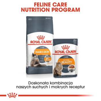 Royal Canin Feline Care Nutrition: Karmy suche Hair & Skin oraz mokra Intense Beauty z tekstem 'Doskonała kombinacja naszych receptur.'