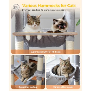 Zwei Katzen entspannen sich in einer großen Hängematte, mit Text über "Verschiedene Hängematten für Katzen" und Funktionen wie "Korbschlafplatz" und "Hängende Hängematte."