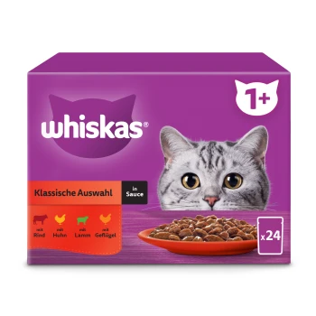 Multipack 1+ Klassische Auswahl in Sauce 24x85 g Whiskas Katzenfutterbox mit einer Nahaufnahme des Gesichts einer Katze, beschriftet "Klassische Auswahl in Sauce" mit Optionen für Rind, Huhn, Lamm und Geflügel.