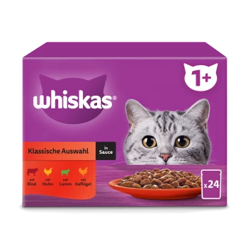 Whiskas Katzenfutterbox mit einer Nahaufnahme des Gesichts einer Katze, beschriftet "Klassische Auswahl in Sauce" mit Optionen für Rind, Huhn, Lamm und Geflügel.