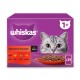 Whiskas kattenvoerdoos met een close-up van een kattengezicht, gelabeld 'Klassische Auswahl in Sauce' met opties voor rundvlees, kip, lam en gevogelte.