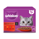 Whiskas Katzenfutterbox mit einer Nahaufnahme des Gesichts einer Katze, beschriftet "Klassische Auswahl in Sauce" mit Optionen für Rind, Huhn, Lamm und Geflügel.