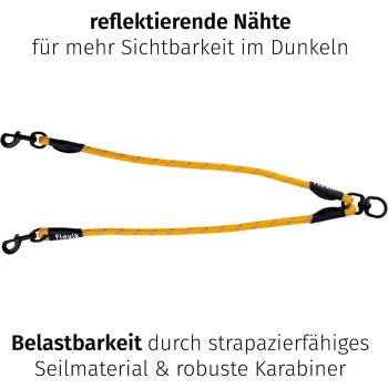 Eine leuchtend gelbe Hundeleine mit reflektierenden Nähten für Sichtbarkeit im Dunkeln, mit stabilen Clips und Text, der die Haltbarkeit hervorhebt.