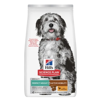 Tüte Hill's Science Plan Hundefutter mit einem lächelnden zotteligen Hund; Aufschrift „Perfect Weight & Active Mobility“ (mit Huhn).