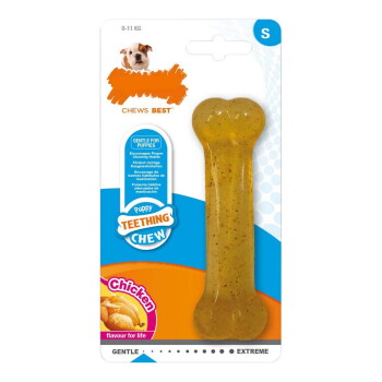 Puppy teething chew toy in bone shape, flavored with chicken, labeled "Gentle for Puppies," with text promoting proper chewing habits.