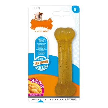 Puppy teething chew toy in bone shape, flavored with chicken, labeled "Gentle for Puppies," with text promoting proper chewing habits.
