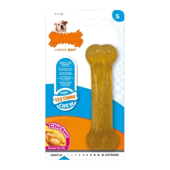 Puppy teething chew toy in bone shape, flavored with chicken, labeled "Gentle for Puppies," with text promoting proper chewing habits.