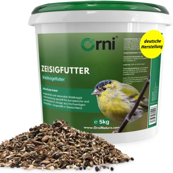 Tüte Orni Wildvogelfutter mit fliegenden Vogelsilhouetten, 5 kg, hergestellt in Deutschland.